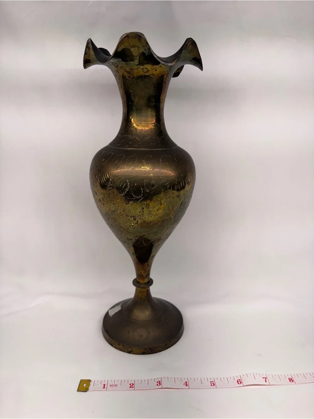 Vintage Etched Brass Vase with Ruffled Fluted Rim – Made in India – 11.5”